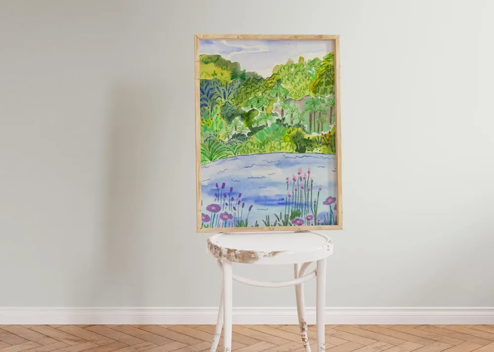 Green Forest Lake Art Print, Colorful Landscape