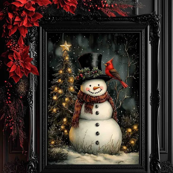 Snowman and Cardinal Christmas Art Print, Rustic Winter