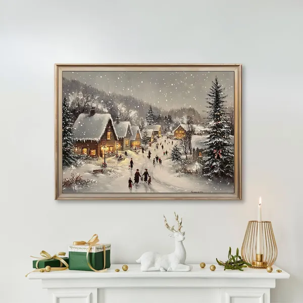 Snowy Christmas Village Vintage Painting Art Print