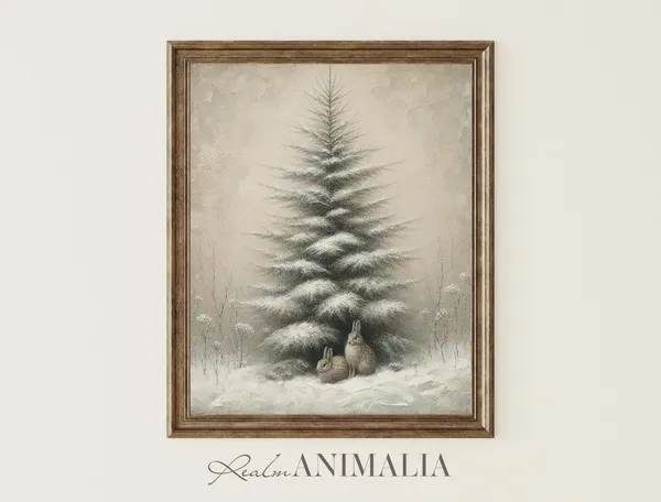 Snowy Pine Tree and Rabbits, Vintage Winter Art Print