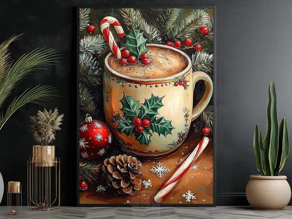 Vintage Xmas Coffee Cup Art Print, Holiday Decor