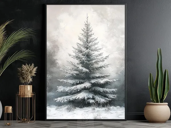Vintage Christmas Tree Painting, Winter Holiday Poster