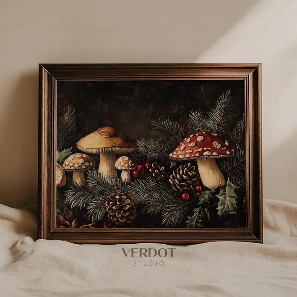 Vintage Christmas Mushroom Art Print, Antique Holiday Decor