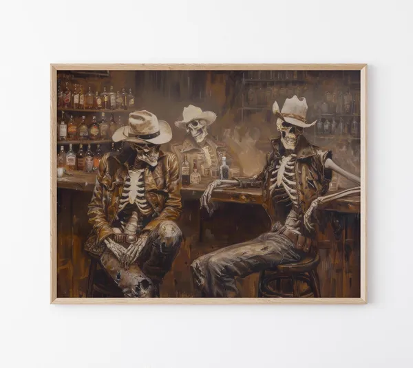 Skeleton Cowboy in a Bar, Southwestern Art Print