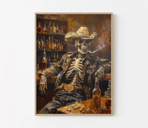 Wild West Remains Skeleton Cowboy Oil Painting Print