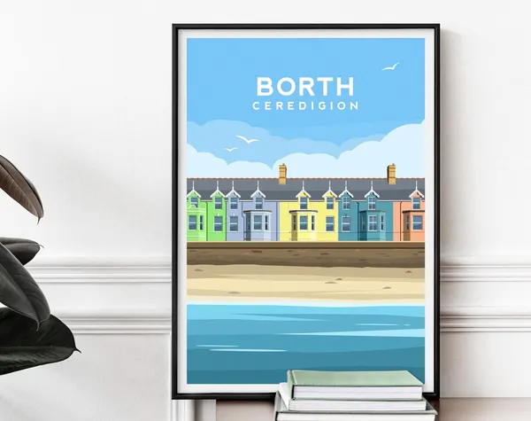 Borth Beach Travel Poster, Ceredigion Wales