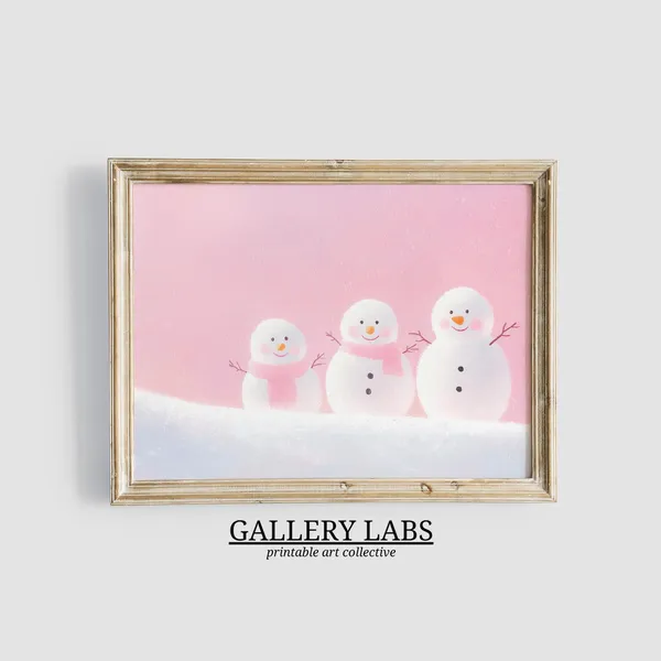 Pink Snowman Christmas Painting Winter Decor Art Print