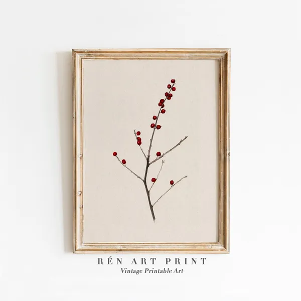 Antique Berry Branch Botanical Christmas Art Print