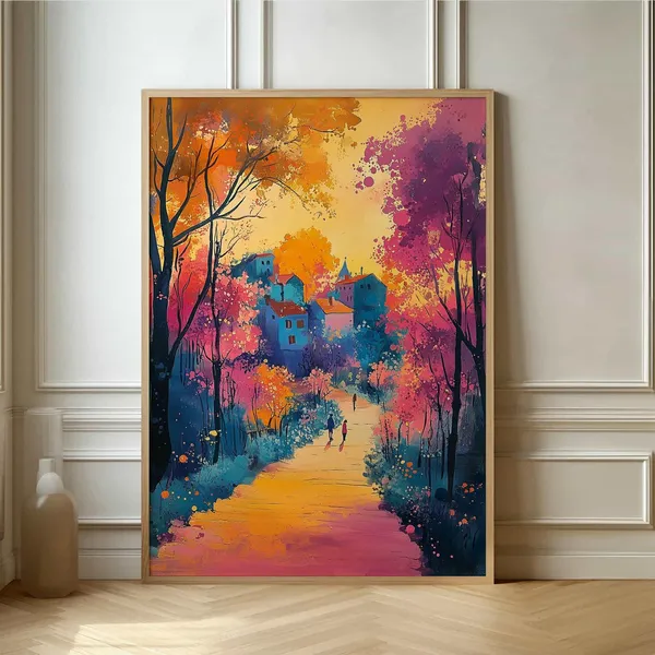Village Scene Autumn Landscape Poster, Abstract Style