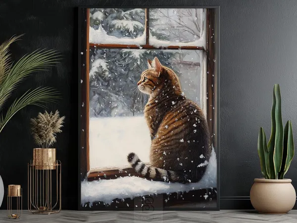 Vintage Winter Cat Art Print, Christmas Decor