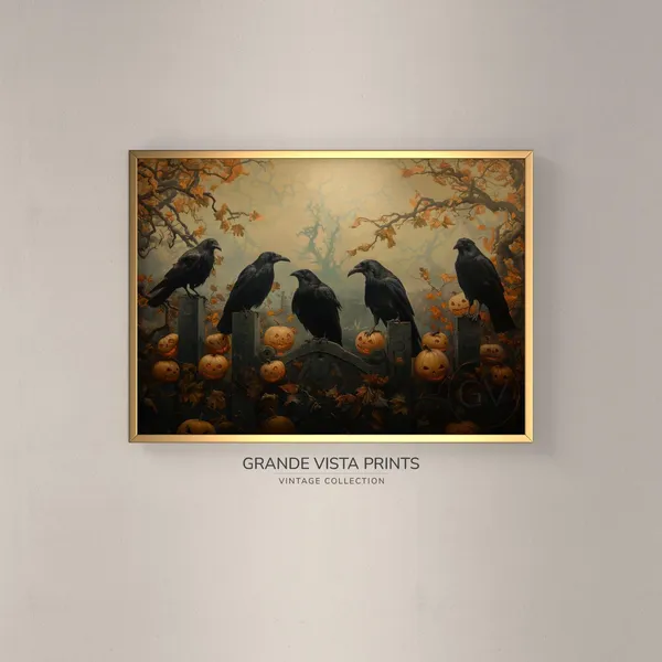 Five Crows Spooky Halloween Illustration Poster