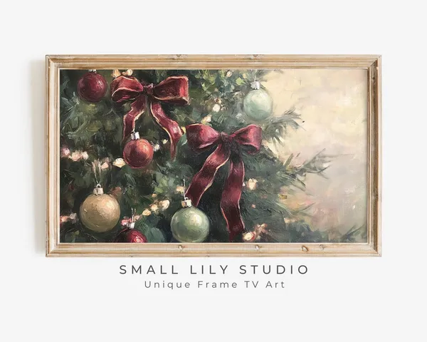 Christmas Tree With Burgundy Bows, Vintage Holiday Art Print