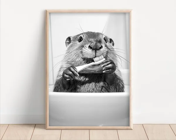 Beaver Brushing Teeth Retro Animal Poster Print