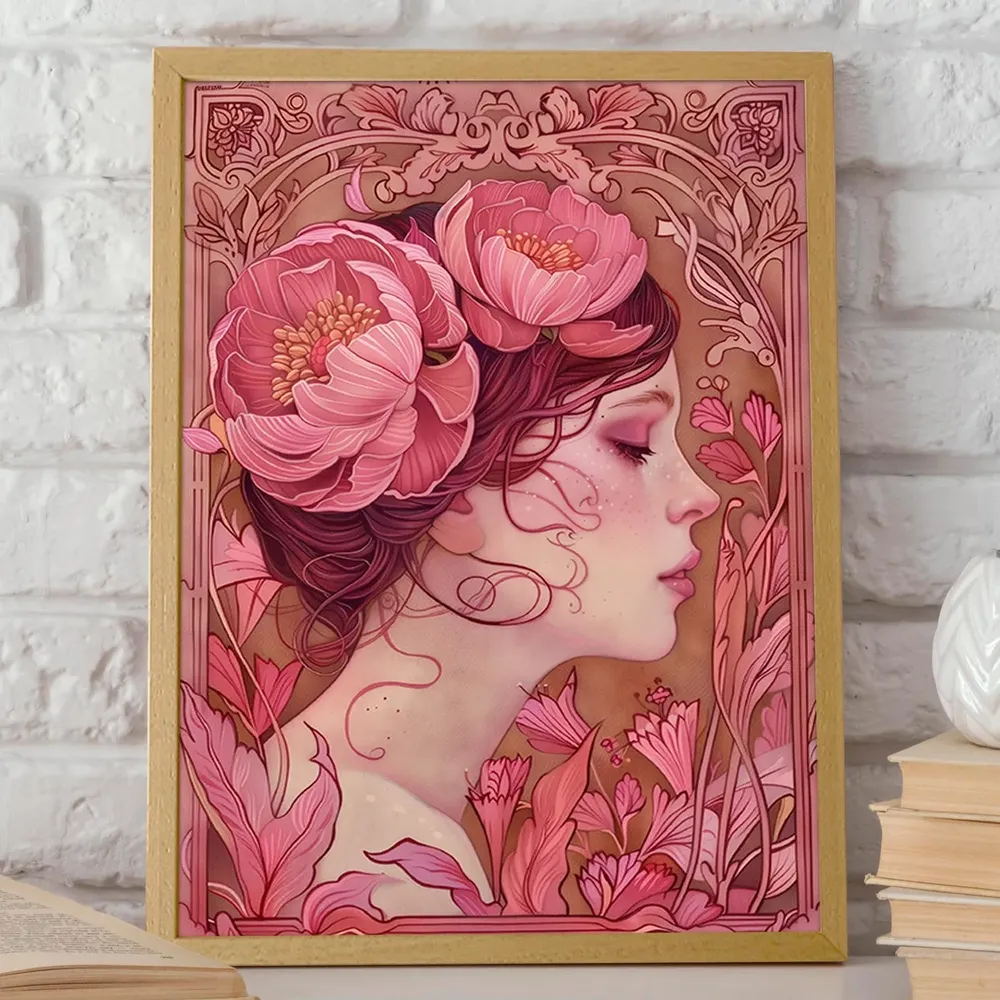 Floral Art Nouveau Lady and Pink Flower Art Print - Image 2