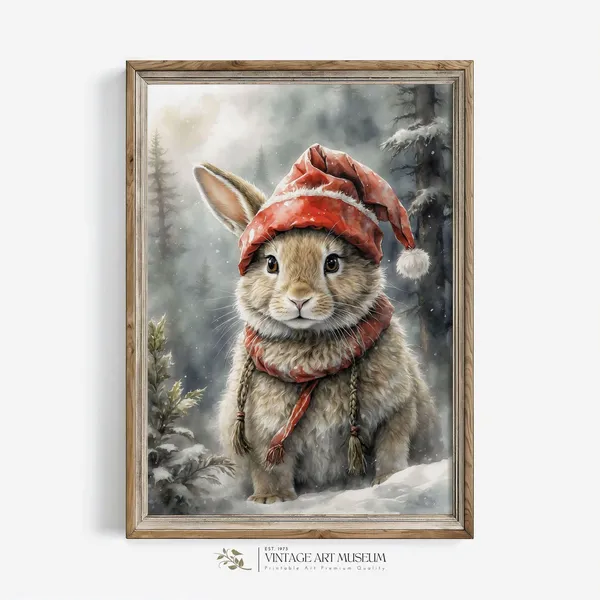 Christmas Bunny in Santa's Hat Vintage Holiday Art Print