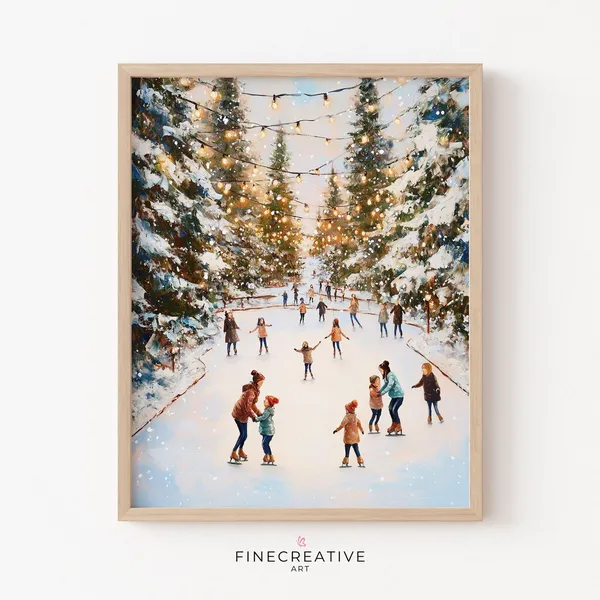 Ice Skating Rink Winter Painting Art Print, Festive
