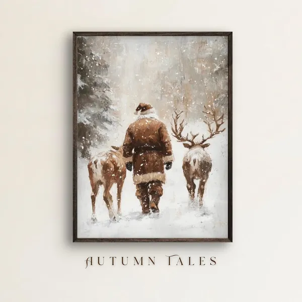 Santa And Reindeers Winter Landscape Art Print