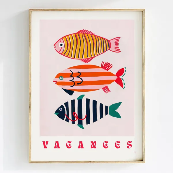 Vintage Coastal Fish Travel Poster, Beach House Decor