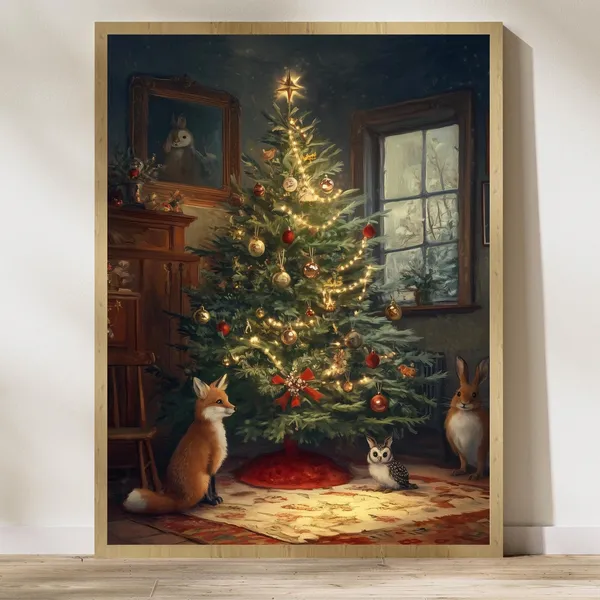 Whimsical Holiday Fox Owl Rabbit Art Print