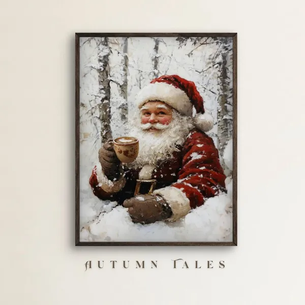 Vintage Santa Having Coffee Art Print, Winter Landscape