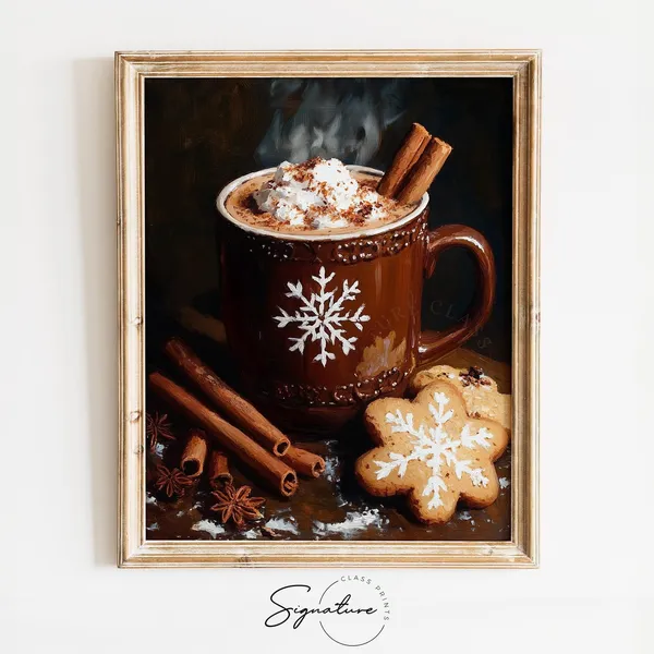 Hot Cocoa With Snowflake Marshmallows, Vintage Holiday Art Print
