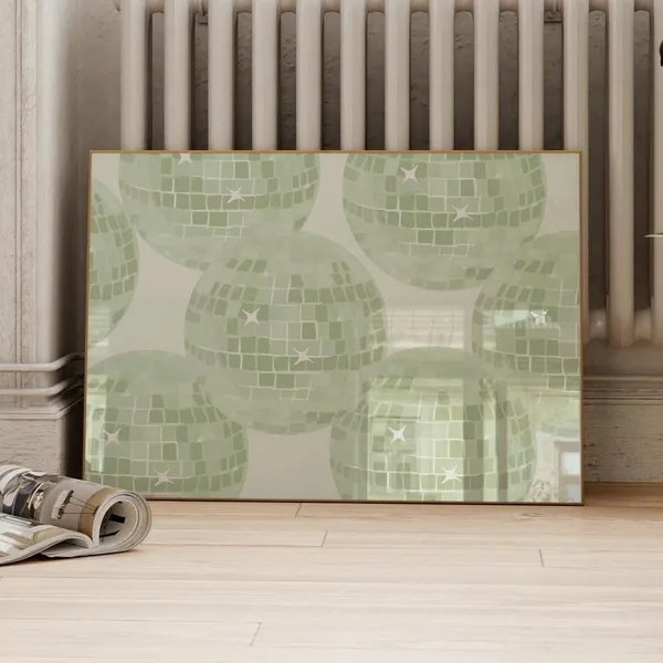 Sage Green Disco Ball Art Print, Preppy Dorm