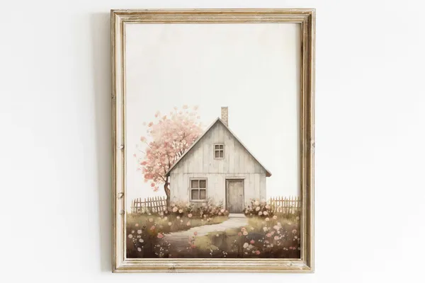 Vintage Old House Painting Cherry Blossom Tree Art Print