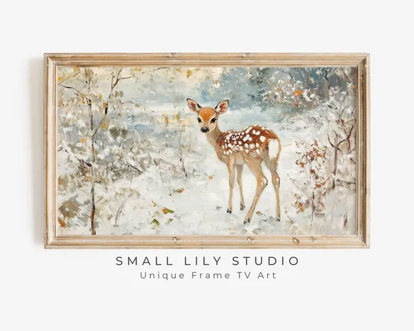 Baby Deer In Snow, Neutral Winter Art Print