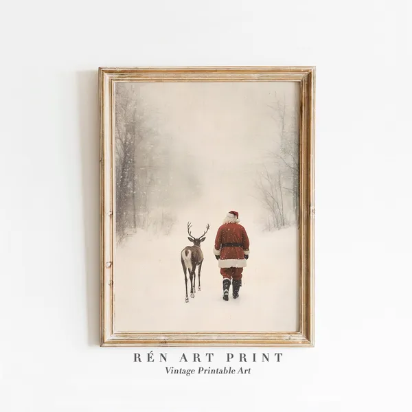 Santa Claus Reindeer Vintage Christmas Art Print