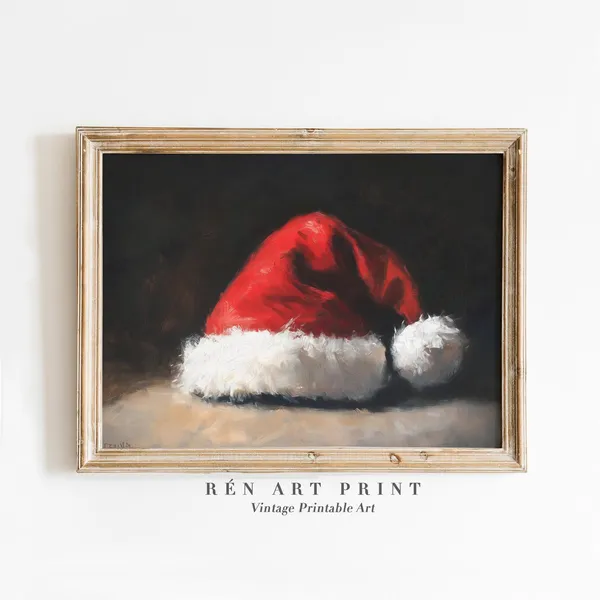 Santa Hat Vintage Christmas Art Print, Rustic Holiday