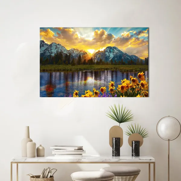 Grand Teton Sunflower Boho Sunset Landscape Art Print