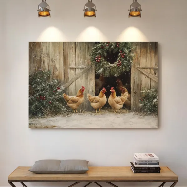 Christmas Chicken Barn Art Print, Rustic Farmhouse Holiday