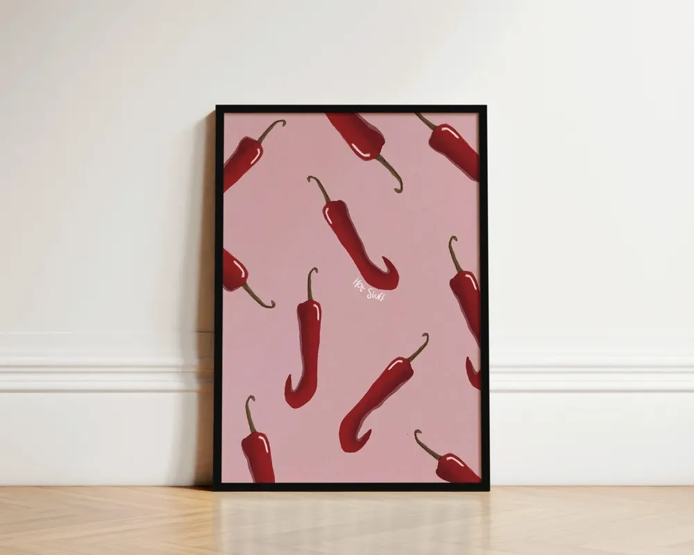 Pink Chillis Kitchen Print, Spicy Food Wall Art