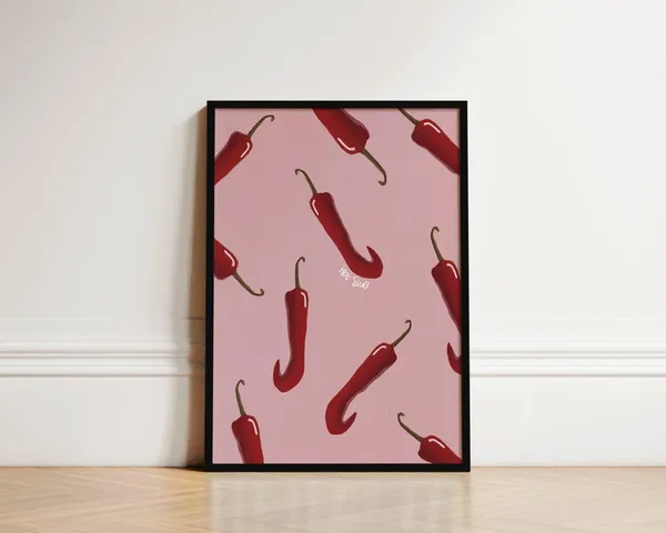 Pink Chillis Kitchen Print, Spicy Food Wall Art