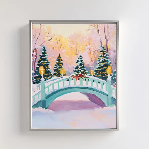 Christmas Bridge Art, Snowy Winter Wonderland Scene