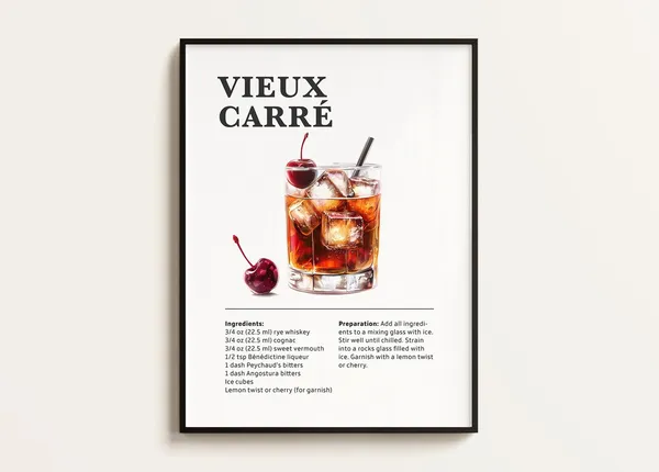 Vieux Carre Cocktail Recipe Poster, Bar Art Print