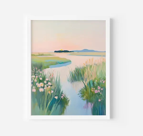 Pastel Lake Forest Landscape Art Print, Nursery Decor