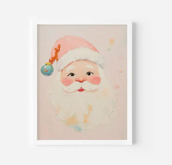 Pink Santa Claus Art Print, Pastel Christmas Decor