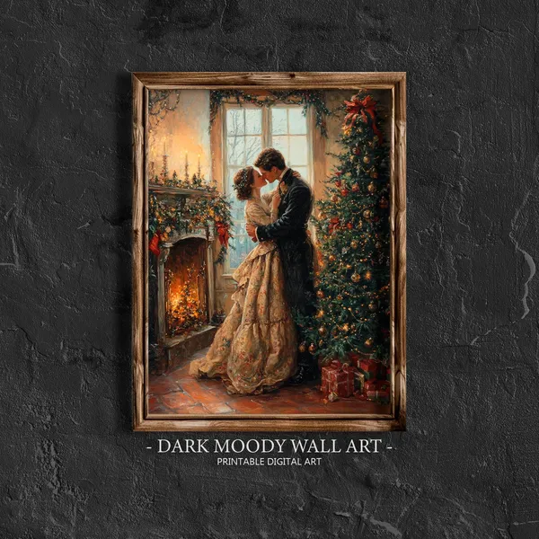 Victorian Couple Kissing Vintage Christmas Art Print