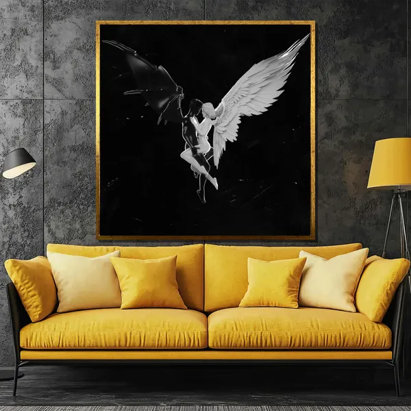 Angel and Demon Embrace, Black and White Art Print