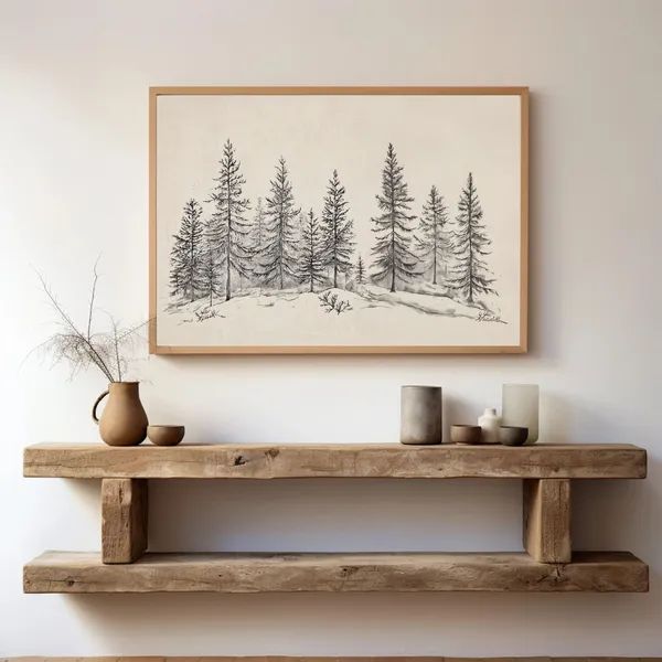 Pine Tree Forest Sketch Print, Vintage Winter Landscape