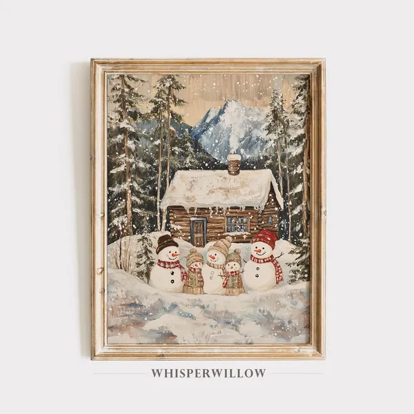 Winter Cabin Snowman Family Art Print, Holiday Landscape