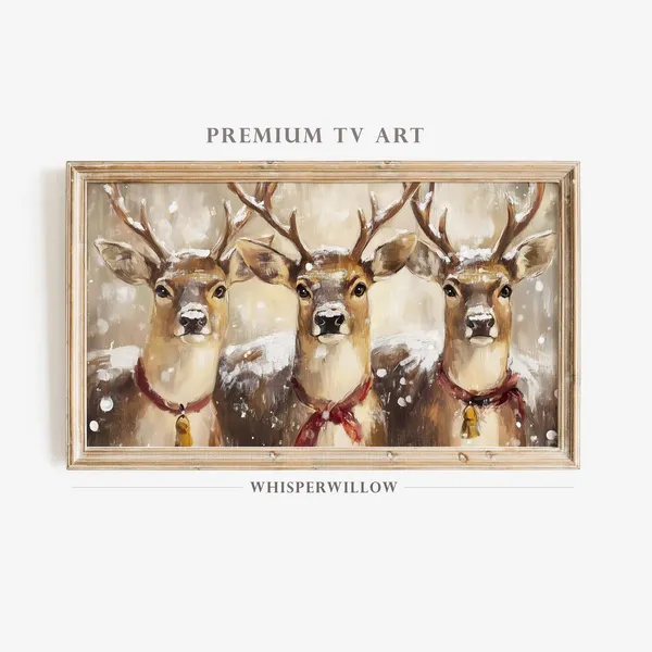 Holiday Reindeer Trio, Snowy Winter Scene Art Print