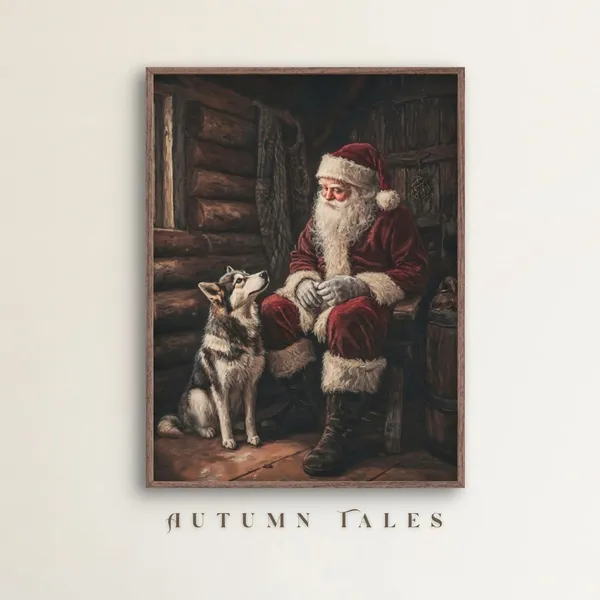 Santa and Husky Dog Cozy Cabin Vintage Christmas Art Print