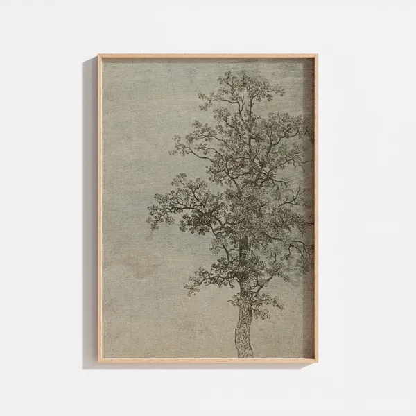 Vintage Sage Green Muted Tree Drawing Landscape Art