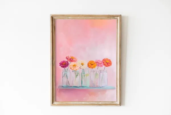 Pink Zinnias Glassware Art Print, Retro Flowers