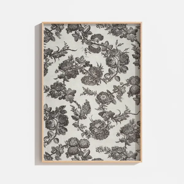 Vintage Black and White Floral Textile Print, Botanical