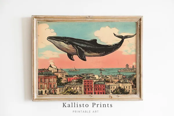 Surreal Whale Cityscape Art Print, Whimsical Fantasy Decor