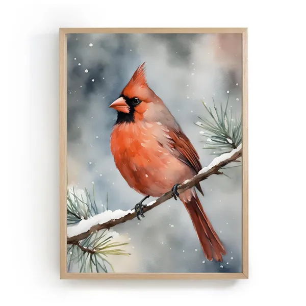Red Cardinal Bird Painting, Winter Forest Art Print