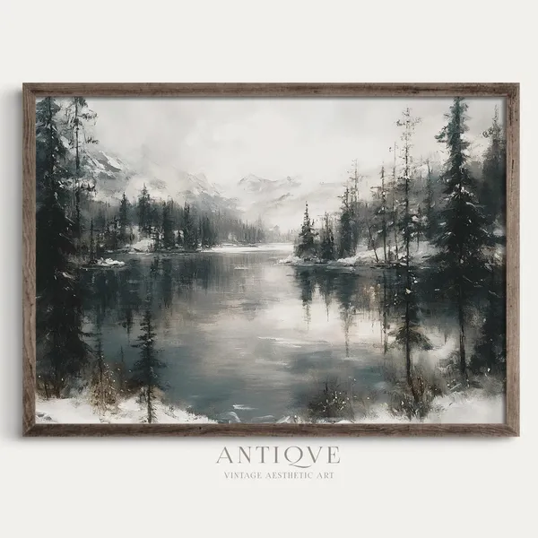 Winter Lake Landscape - Rustic Christmas